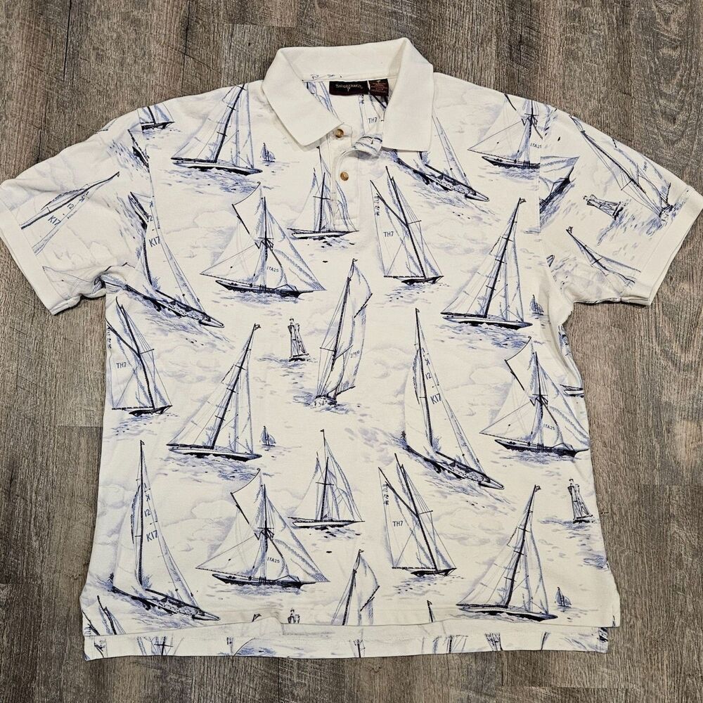 Saddlebred Men's 2 Button Short Sleeve Cotton Polo Shirt Size Large Sailboats